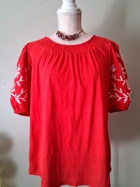 Kate & Sam - Red Embroidered Puff-Sleeve Blouse